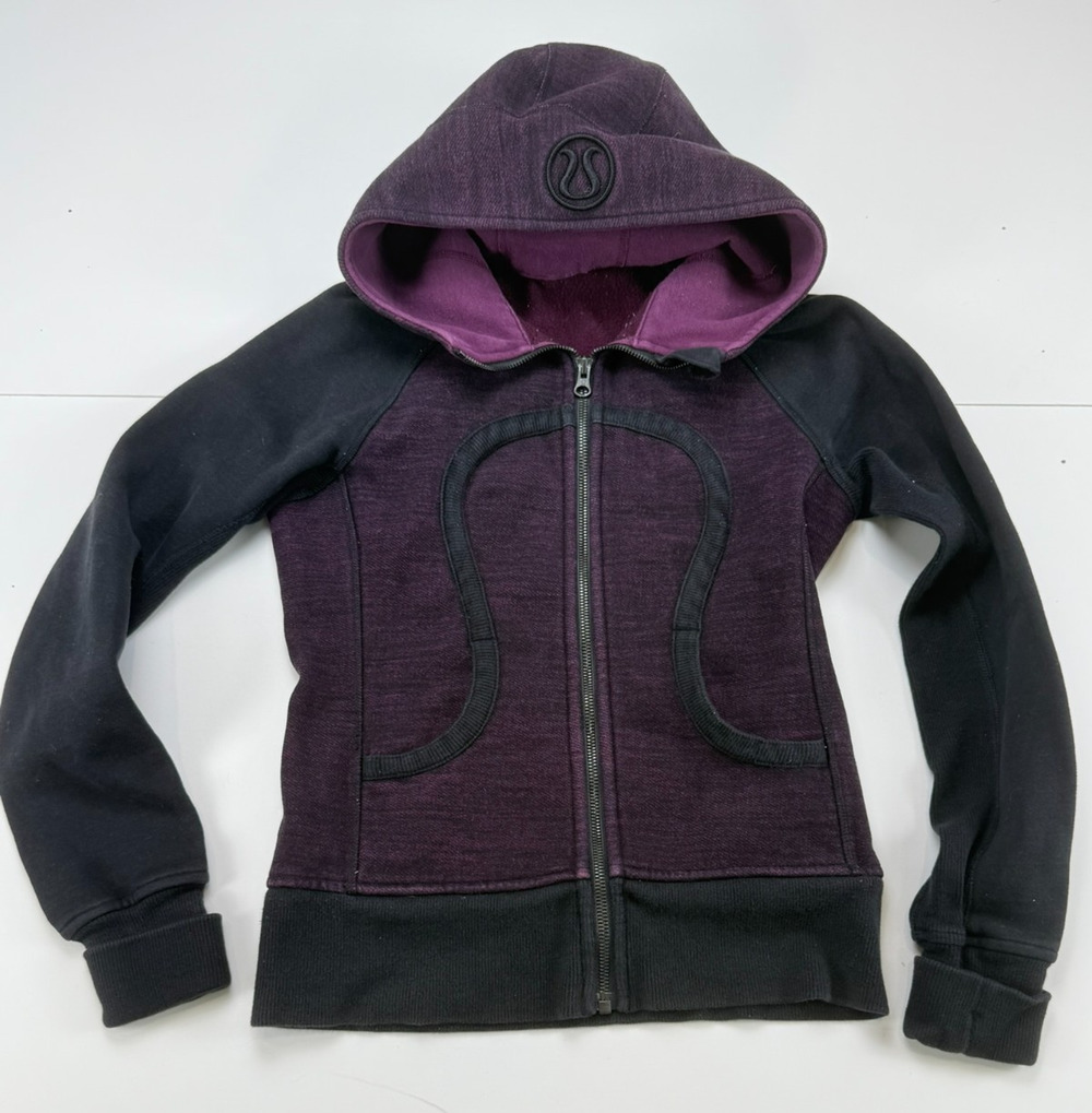 Lululemon Womens 8 Purple Black Full Zip Hoodie Jacket Big Logo Hood Yoga